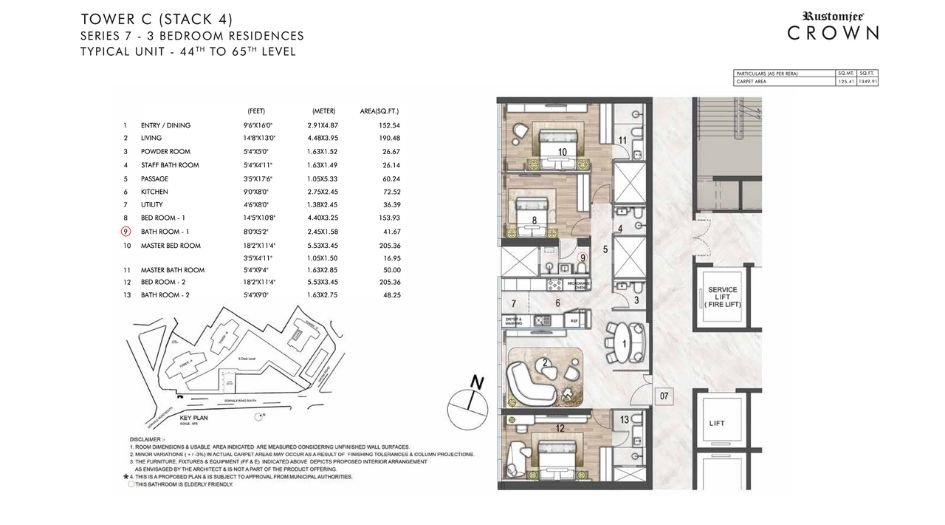 Rustomjee-Crown-Floor-Plan-3 BHK-1349 Sqft